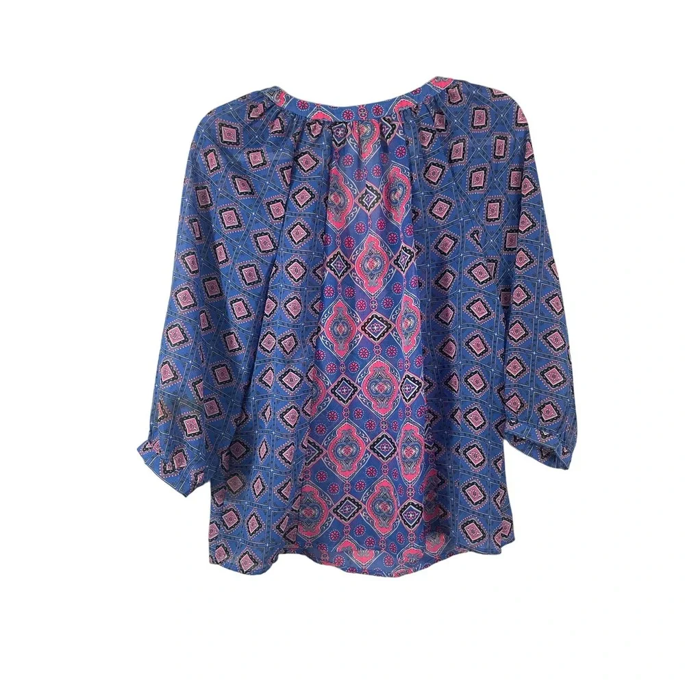 Medium Old Navy Blouse Boho Peasant Top Shirt Pink Blue Geometric Women Loose - Picture 8 of 8